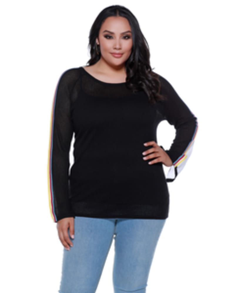 Front of a model wearing a size 1X Colorblocked Sweater in BLACK/WHITE/MULTI by Belldini Black Label. | dia_product_style_image_id:245860